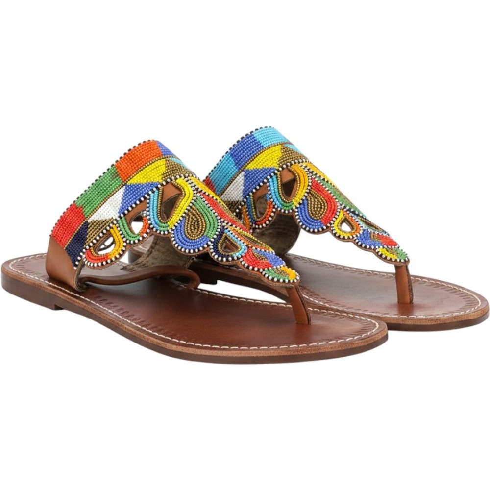 Handmade Leather Beaded Gladiator Sandals Brown Multi Color Lace Up Size 44